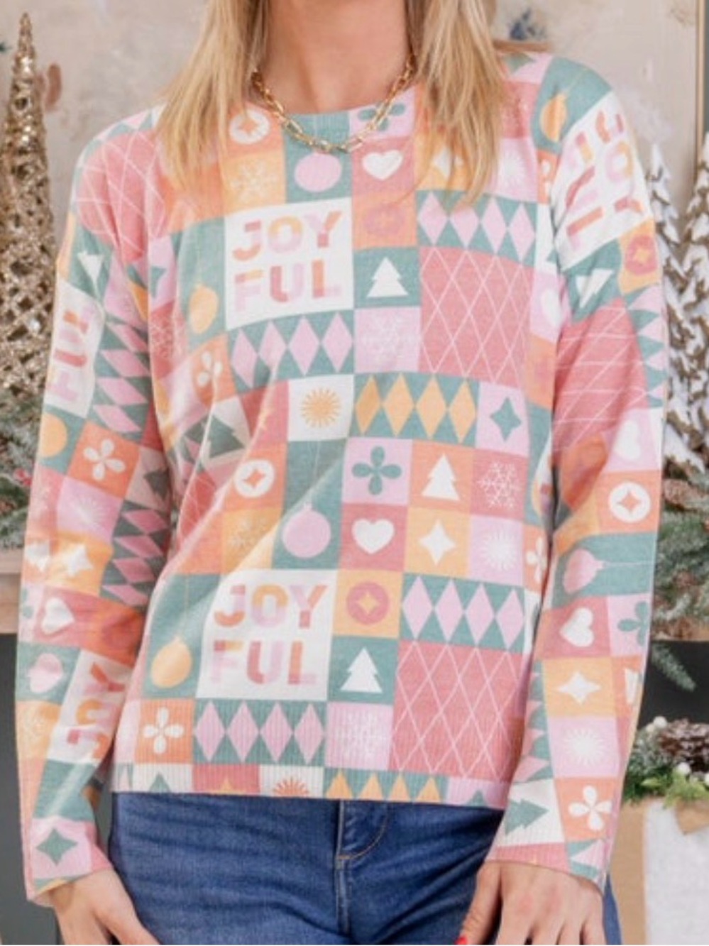 Joyful Patterned Pastel ChristmasSweater -Long Sleeve. Small. Dear Scarlett.